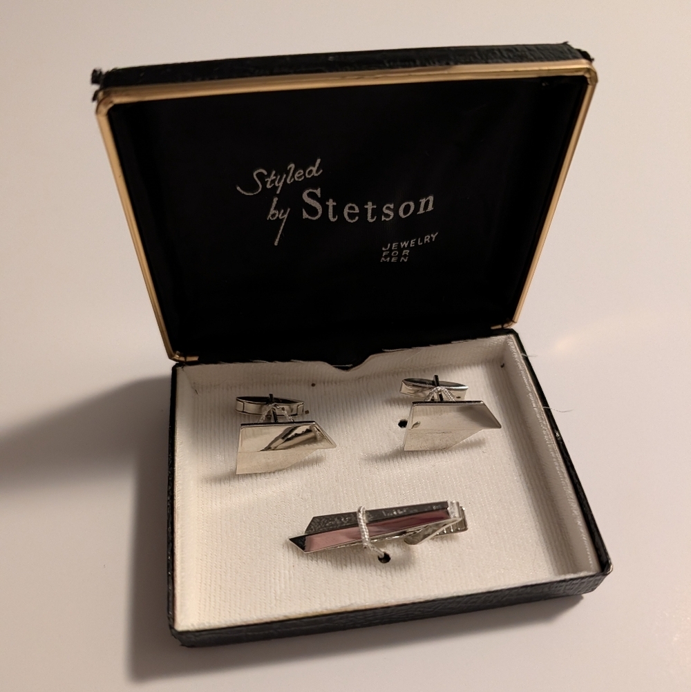 Vintage Stetson Silver Western Cufflinks and Tie Clip Set